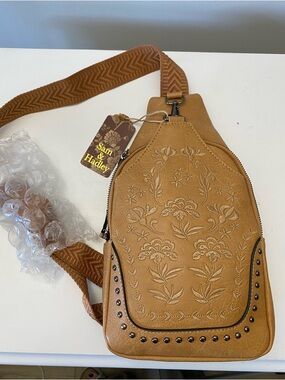Sam & Hadley Soft Vegan Leather Camel Color Embroidered Crossbody Sling Bag NWT
